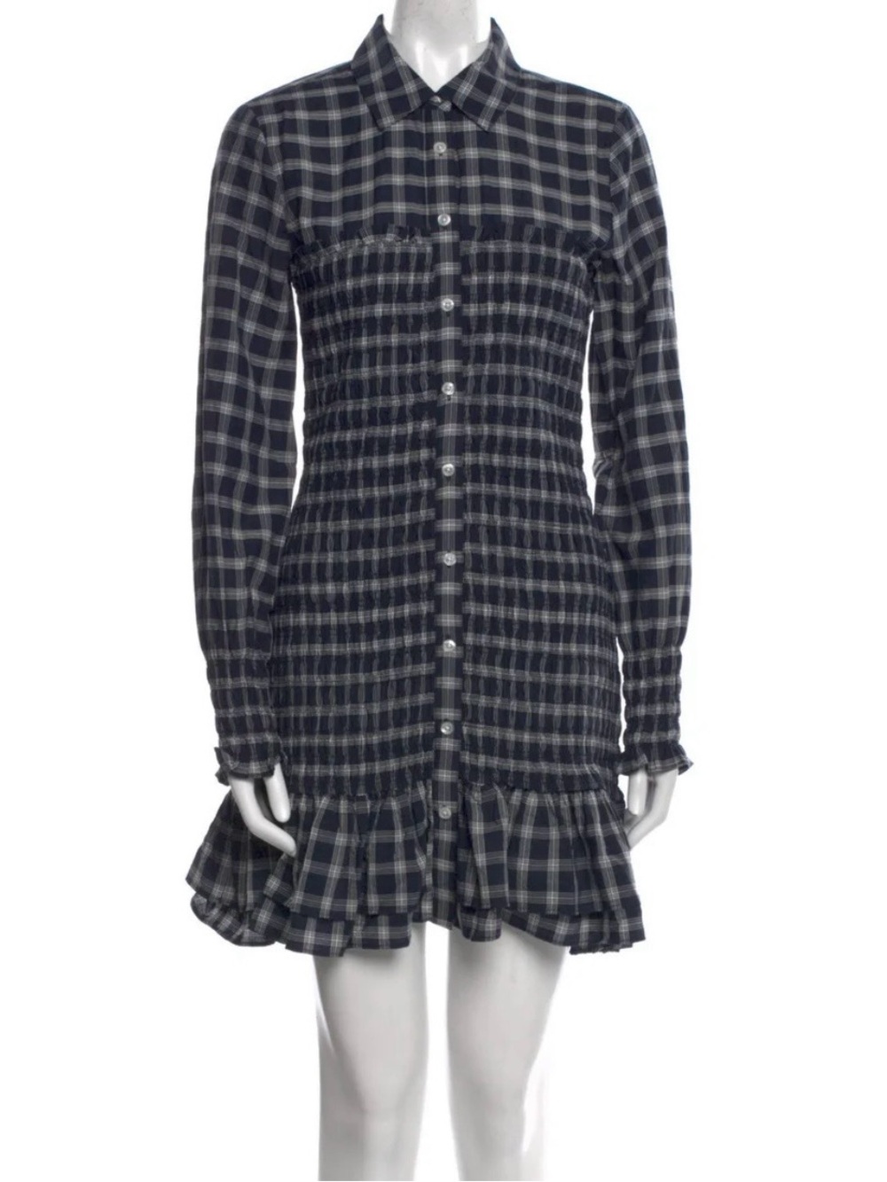 Veronica Beard Navy and White Plaid Smocked Button-Front Mini Dress